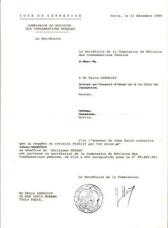 Affaire Seznec. Lettre du Président de la Commission des Révisions à Me Denis Langlois.