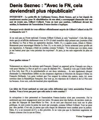 Denis Seznec soutient la candidature de Marine Le Pen du Front National, Journal du Dimanche, juin 2012.