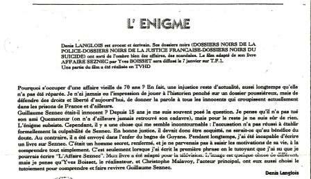 L'Enigme, article de Denis Langlois, L'Atelier, janvier 1993.