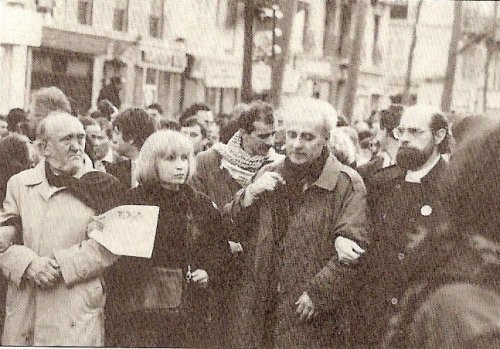 Manifestation pacifiste contre la guerre du Golfe, Paris 1991. Albert Jacquard, Francesca Soleville, Antoine Casanova, Denis Langlois.