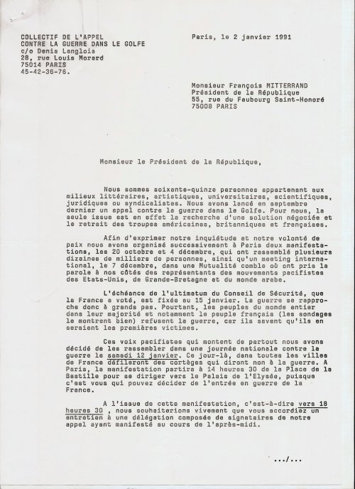 Lettre de l'Appel des 75 contre la guerre du Golfe au Président Mitterrand, 2 janvier 1991.