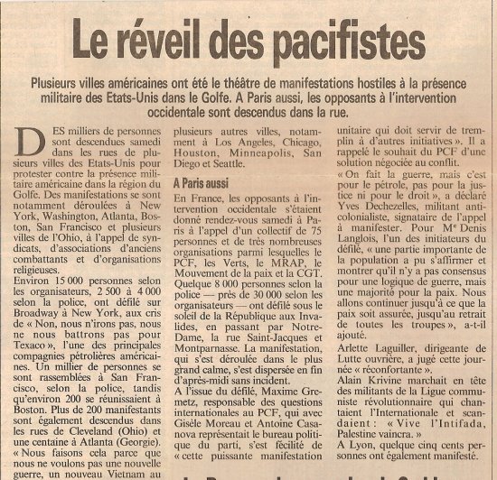 Le réveil des pacifistes contre la Guerre du Golfe, Journal Le Quotidien, 22 octobre 1990.